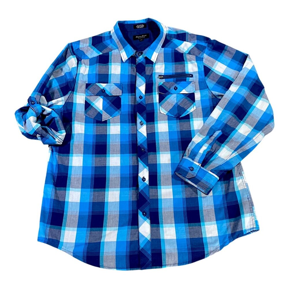 Eighty Eight Platinum Shirt Mens XXL 2XL Blue White Buffalo Check Plaid Roll Tab
